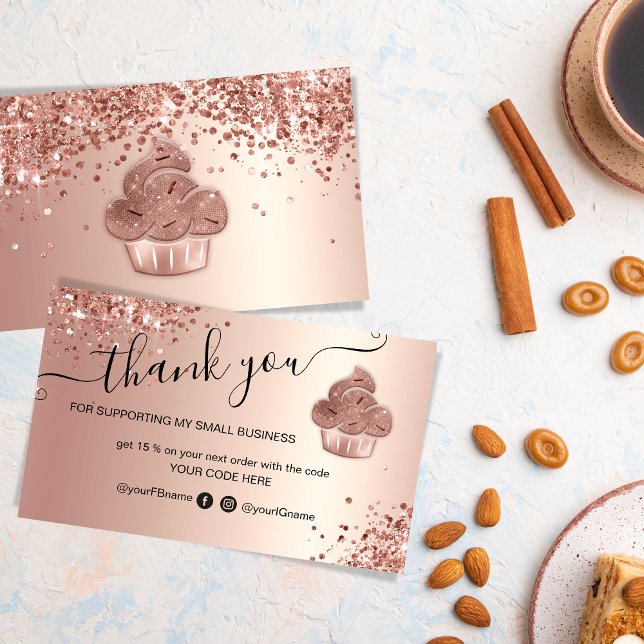 Cupcake Bäckerei Konditorei Koch Glitzer Tropfen R Visitenkarte (Pastry and home made cakes business marketing material with a rose gold glitter cupcake design.)