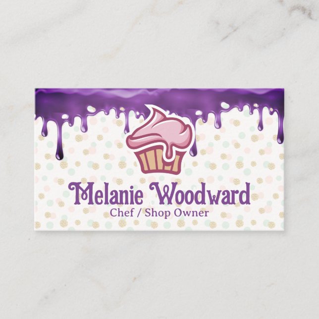 Cupcake-Bäckerei-Logo | Lila Icing-Tropfen Visitenkarte (Vorderseite)