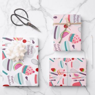 Cupcake Backmuster Pink Lila Geschenkpapier Set