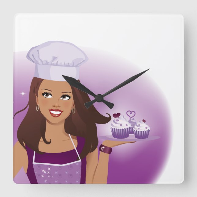 Cupcake Bakery Clock Illustrated Quadratische Wanduhr (Vorderseite)