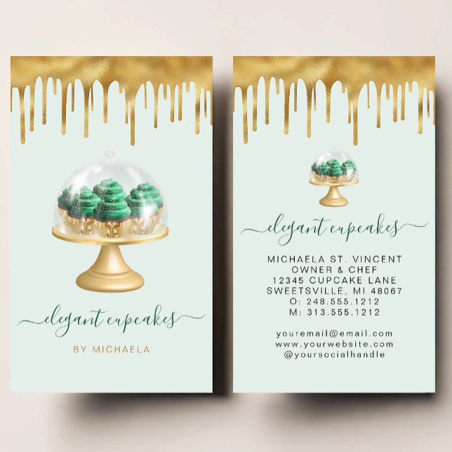 Cupcake Bakery Emerald Green Faux Gold Foil Drip Visitenkarte (Von Creator hochgeladen)
