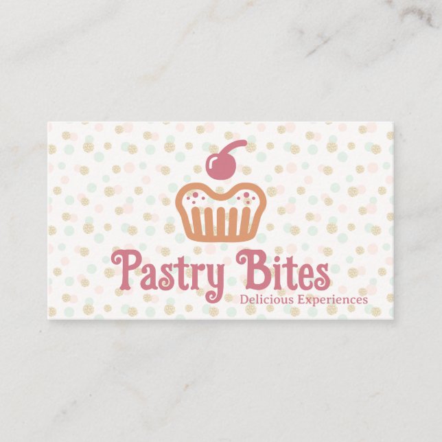 Cupcake Bakery Logo | Polka Dot Pattern Visitenkarte (Vorderseite)