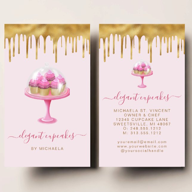 Cupcake Bakery Pink Faux Gold Foil Drip Visitenkarte (Von Creator hochgeladen)