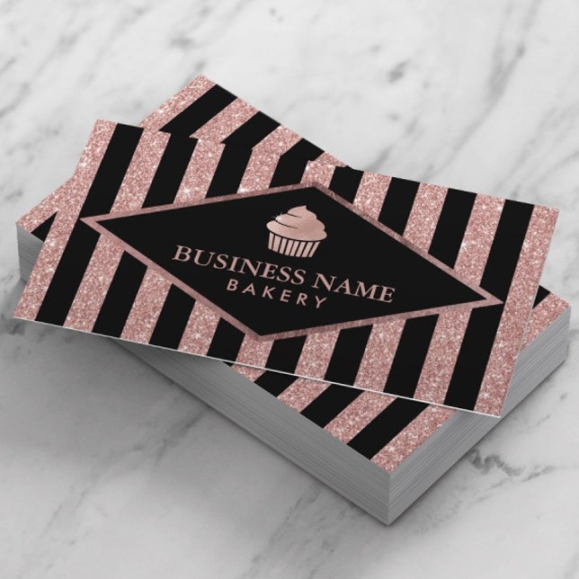Cupcake Bakery Rose Gold Glitter Black Stripes Visitenkarte (Von Creator hochgeladen)