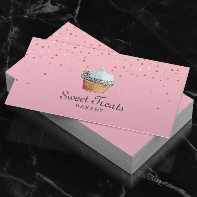 Cupcake Bakery Sweet Treats Gold Confetti Pink Visitenkarte (Von Creator hochgeladen)