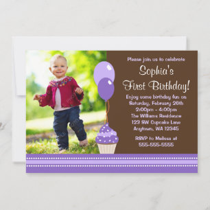 Cupcake Balloons Brown Lila Foto Geburtstag Einladung