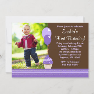 Cupcake Balloons Brown Lila Foto Geburtstag Einladung