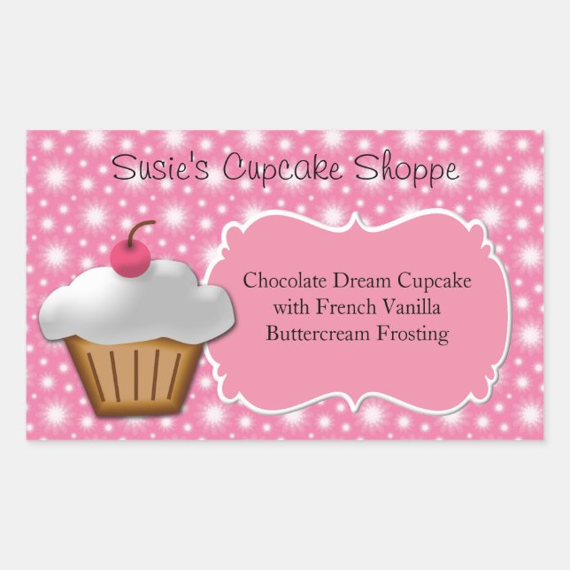 Cupcake Business oder Box Label, Rosa und Weiß Rechteckiger Aufkleber (Vorderseite)