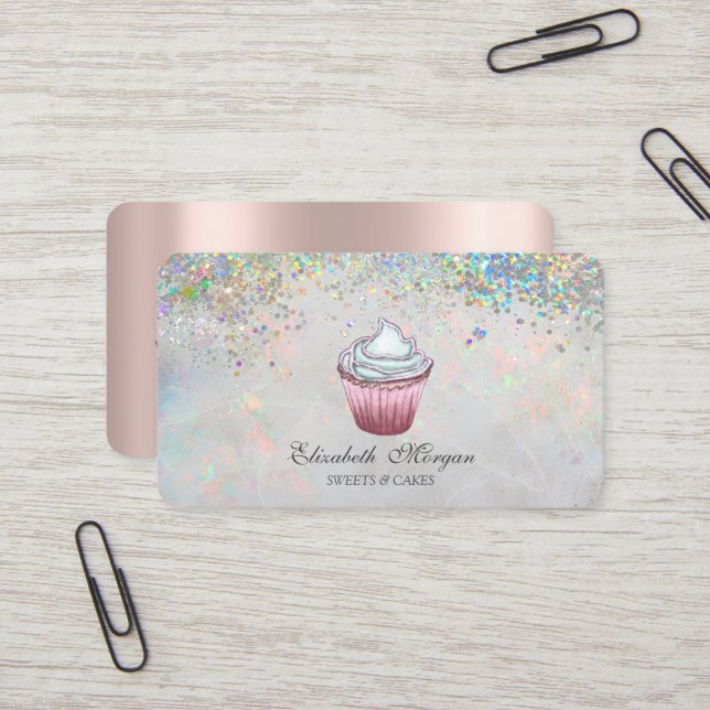 Cupcake Colorful Confetti Holographic Visitenkarte (Vorderseite/Rückseite Beispiel)