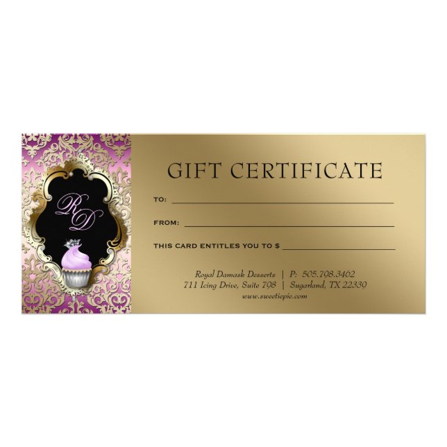 Cupcake Damask Geschenkgutschein Lila Gold Werbekarte (Vorne)