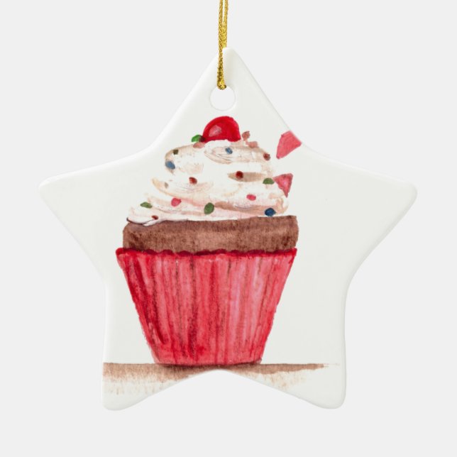 Cupcake-Food Aquarell Rosa Kuchen Kuchen süß Keramik Ornament (Vorne)