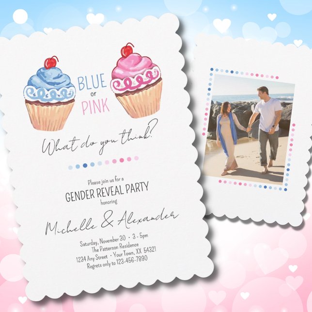 Cupcake Gender Reveal Blue Pink Classy Foto Party Einladung (Von Creator hochgeladen)