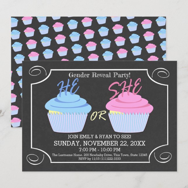 Cupcake Gender Reveal Party Einladung (Vorne/Hinten)