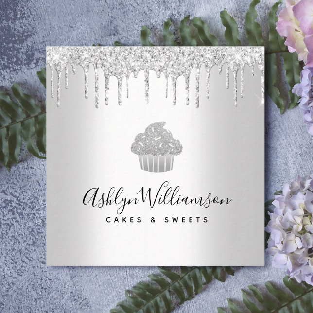 Cupcake Konditorei Koch Silver Glitzer Tropfen Quadratische Visitenkarte (Von Creator hochgeladen)