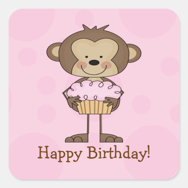 Cupcake Monkey Happy Birthday Square Sticker (Vorderseite)