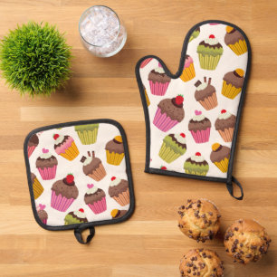 Cupcake Muster, Muffin Muster, Schokolade, Herz Ofenhandschuh & Topflappen-Set