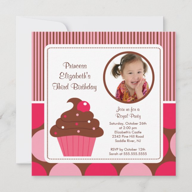 Cupcake Photo Birthday Invitation Cherry Pink Dots Einladung (Vorderseite)