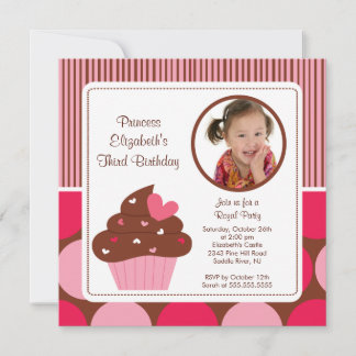 Cupcake Photo Birthday Invitation Pink Polka Dots Einladung