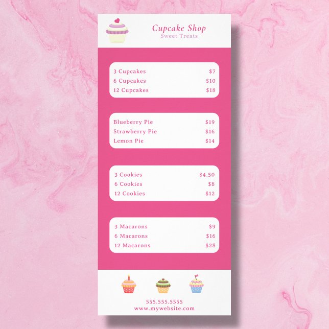 Cupcake Pink Menu & Tarifs Carte Rack (Cupcake Pink Menu & Price List Rack Card)