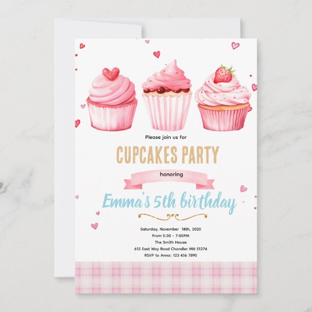 Cupcake pink party theme invitation einladung (Vorderseite)