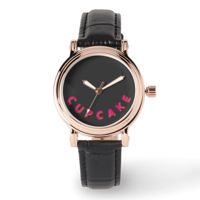 Cupcake Pink Text Custom Schwarz  Armbanduhr (Vorderseite)