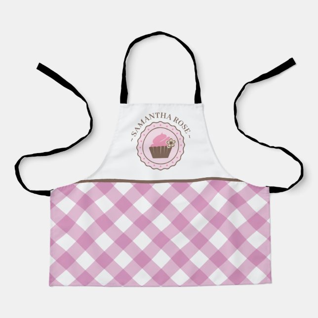 Cupcake Pink und Weiß Karierter Individuelle Name Schürze (Vorderseite)