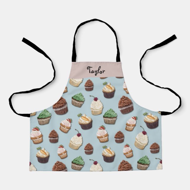 Cupcake Print Fügen Sie Ihren Namen Steel Blue Bak Schürze (Vorderseite)