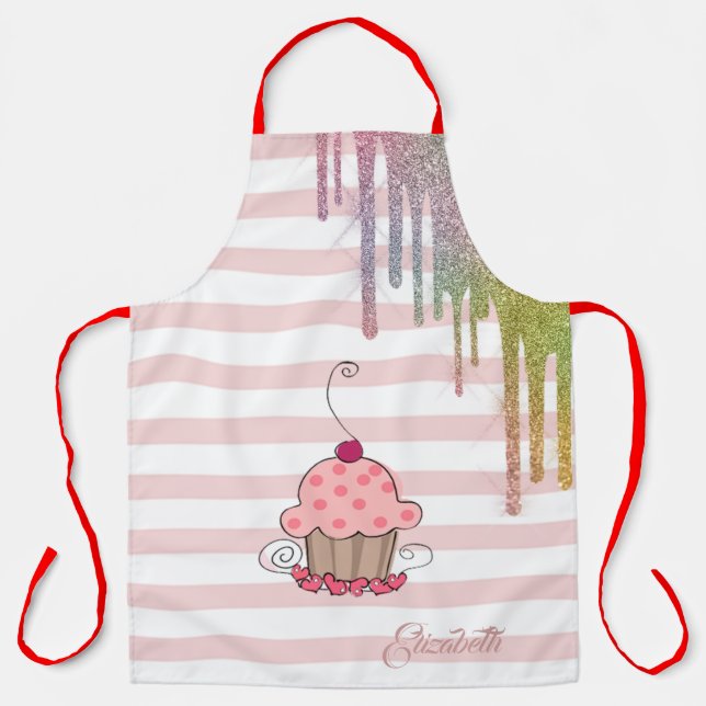 Cupcake, Regenbogen-Glitzer-Tropfen, Streifen Schürze (Vorderseite)