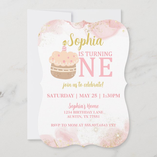 Cupcake rose 1er anniversaire Invitation (Devant)