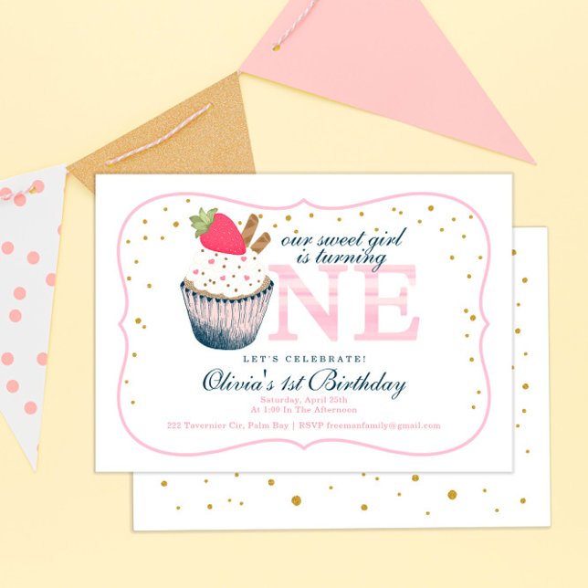 Cupcake rose 1er anniversaire Invitation - Sweet G (Créateur téléchargé)