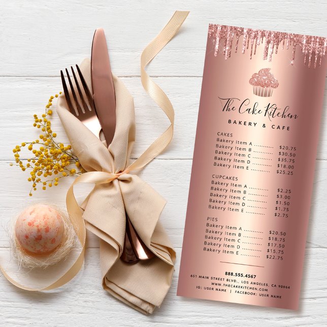 Cupcake Rose Gold Copper Glitter Bakery Chief Menu Werbekarte (Von Creator hochgeladen)