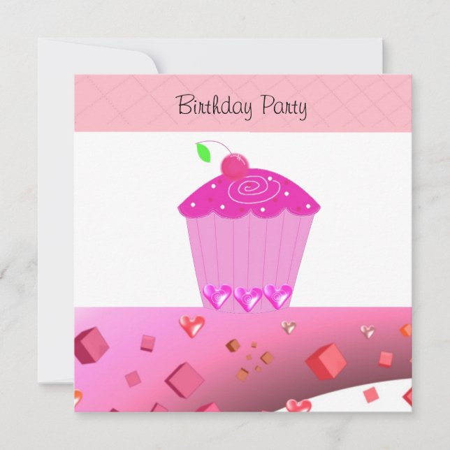 Cupcake rose Invitation d'anniversaire (Devant)