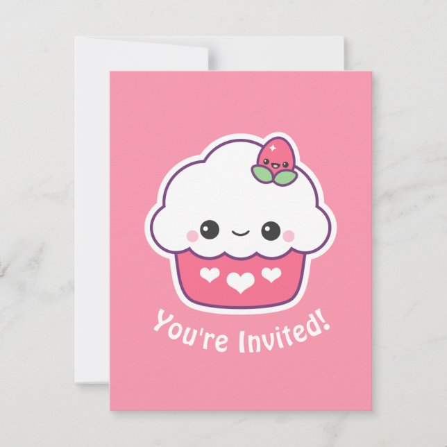 Cupcake rose mignonne Invitations de fête d'annive (Devant)