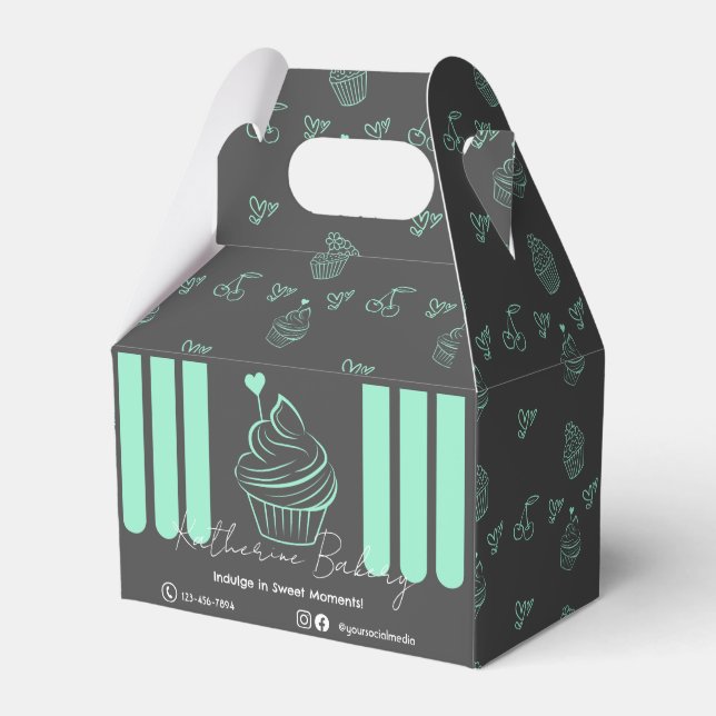 Cupcake Streifen Minze Gray Bäckerei Business Geschenkschachtel (Vorderseite)