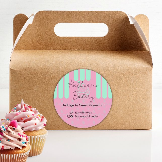 Cupcake Streifen Pink Minze Bäckerei Business Runder Aufkleber (Von Creator hochgeladen)