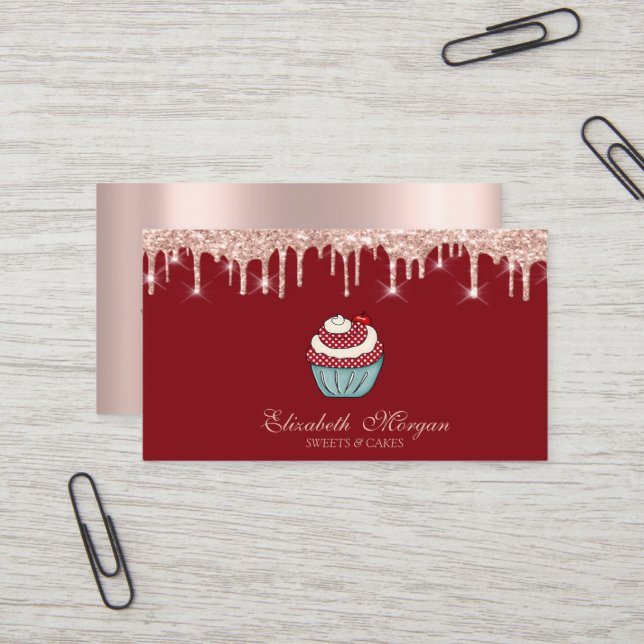 Cupcake Süßigkeiten Rose Gold Tropfen Rot Visitenkarte (Vorderseite/Rückseite Beispiel)