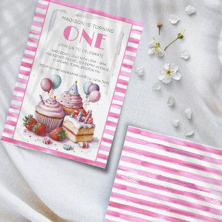 Cupcake Sweet Birday Party Mädchen Watercolor ONE Einladung