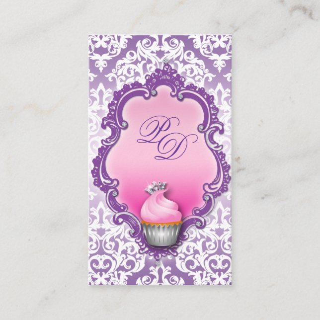 Cupcake Visitenkarte Retro Damast Pink Lila (Vorderseite)