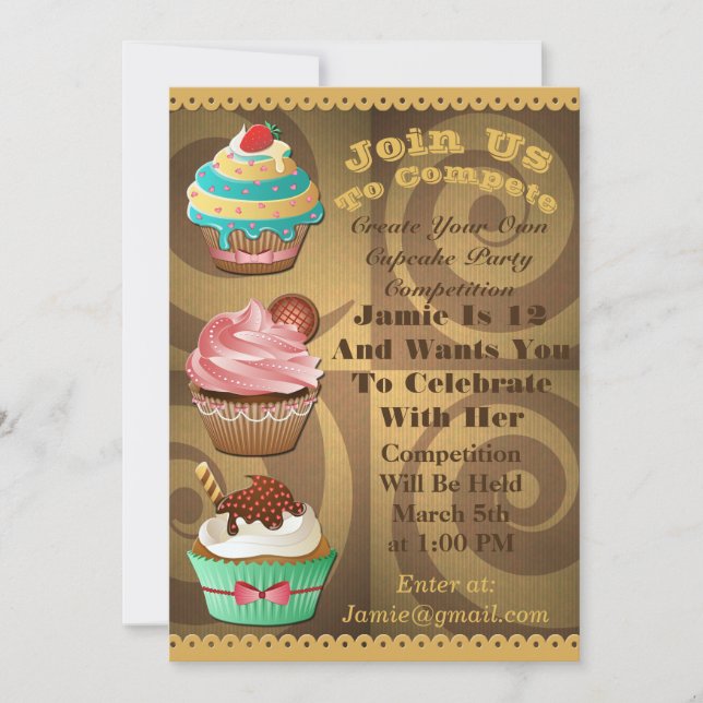 Cupcake Wars Bake Off Birthday Gold Swirt laden Einladung (Vorderseite)