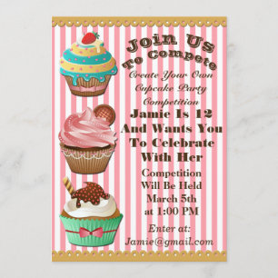 Cupcake Wars Bake Off Birthday Pink gestreift einl Einladung