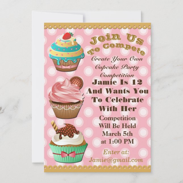 Cupcake Wars Bake Off Birthday Pink Polka Einladun Einladung (Vorderseite)