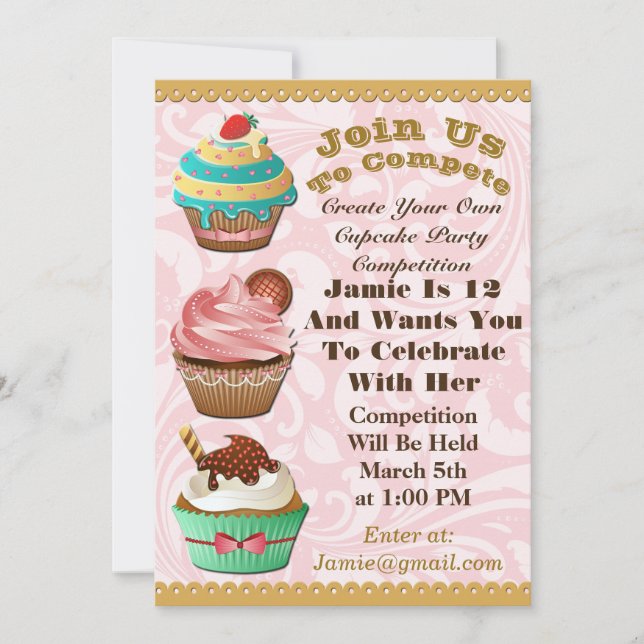 Cupcake Wars Bake Off Birthday Pink Swirt laden Einladung (Vorderseite)