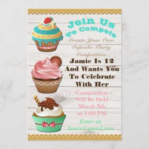 Cupcake Wars Bake off Geburtstag Weißes Holz Einla Einladung