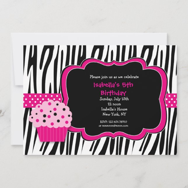 Cupcake Zebra Print Geburtstagsparty Einladungen (Vorderseite)