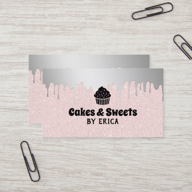 Cupcake Zuhause Bakery Silver Drilling Blush Pink Visitenkarte (Vorderseite/Rückseite Beispiel)