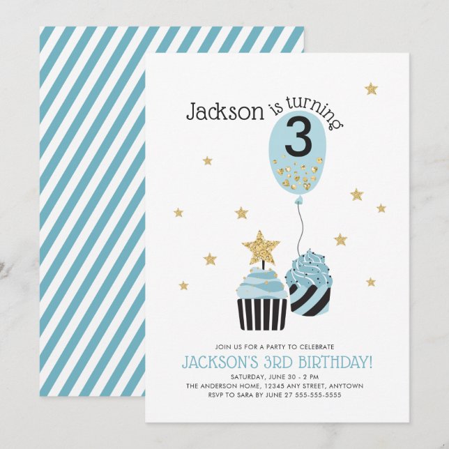 Cupcakes & Balloon Imitate Glitzer Boy's Birthday Einladung (Vorne/Hinten)