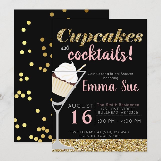 Cupcakes & Cocktails Black & Gold Brautparty Einladung (Vorne/Hinten)
