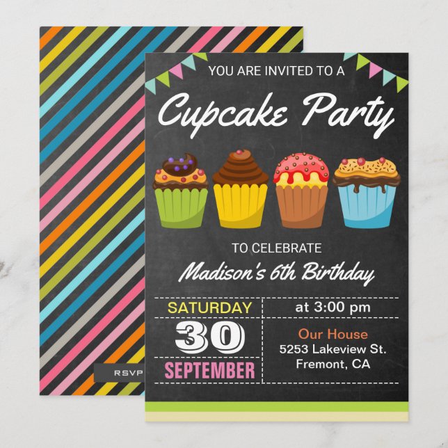 Cupcakes colorés Invitation de la fête Anniversair (Devant / Derrière)