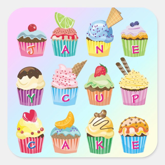 Cupcakes Fügen Sie Ihren Namen Monogram Delicious  Quadratischer Aufkleber (Vorderseite)