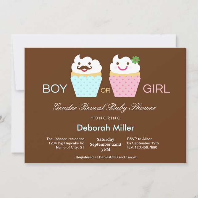 Cupcakes Gender Reveal Baby Dusche Einladung (Vorderseite)